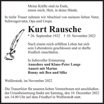 Traueranzeige von Kurt Rausche  von Magdeburger Volksstimme