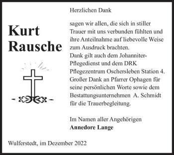 Traueranzeige von Kurt Rausche  von Magdeburger Volksstimme