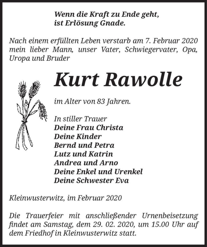  Traueranzeige für Kurt Rawolle  vom 15.02.2020 aus Magdeburger Volksstimme