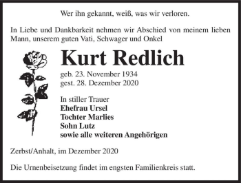 Traueranzeige von Kurt Redlich  von Magdeburger Volksstimme