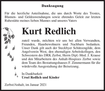 Traueranzeige von Kurt Redlich  von Magdeburger Volksstimme
