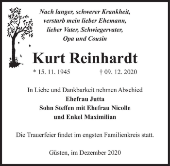 Traueranzeige von Kurt Reinhardt  von Magdeburger Volksstimme