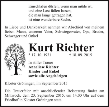 Traueranzeige von Kurt Richter  von Magdeburger Volksstimme