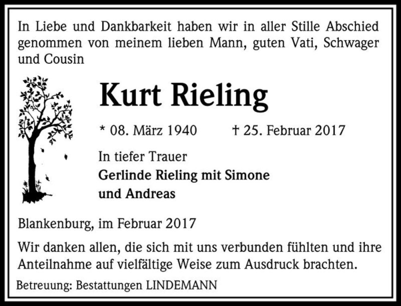  Traueranzeige für Kurt Rieling  vom 18.03.2017 aus Magdeburger Volksstimme