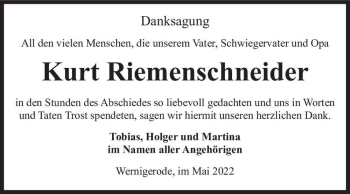 Traueranzeige von Kurt Riemenschneider  von Magdeburger Volksstimme