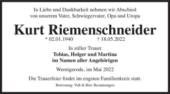 Traueranzeige von Kurt Riemenschneider  von Magdeburger Volksstimme