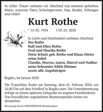 Traueranzeige von Kurt Rothe  von Magdeburger Volksstimme