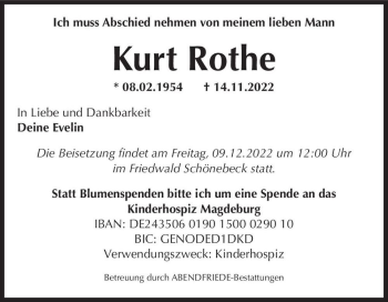 Traueranzeige von Kurt Rothe  von Magdeburger Volksstimme