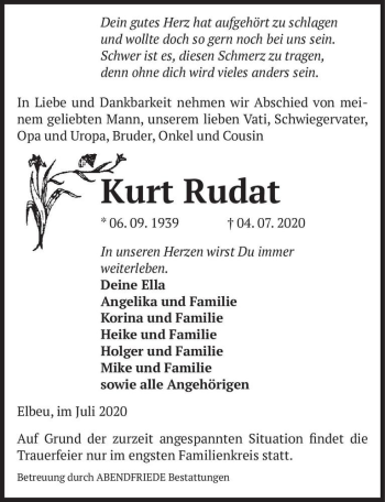 Traueranzeige von Kurt Rudat  von Magdeburger Volksstimme