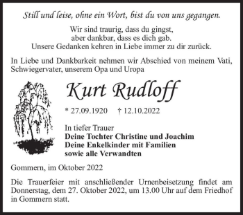 Traueranzeige von Kurt Rudloff  von Magdeburger Volksstimme