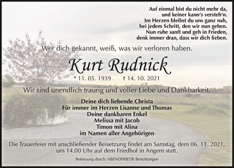  Traueranzeige für Kurt Rudnick  vom 23.10.2021 aus Magdeburger Volksstimme
