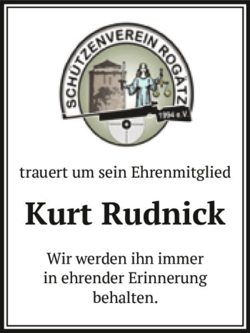 Traueranzeige von Kurt Rutnick  von Magdeburger Volksstimme