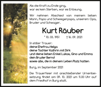 Traueranzeige von Kurt Räuber  von Magdeburger Volksstimme
