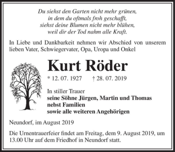 Traueranzeige von Kurt Röder  von Magdeburger Volksstimme