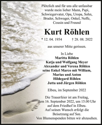 Traueranzeige von Kurt Röhlen  von Magdeburger Volksstimme