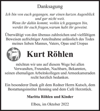 Traueranzeige von Kurt Röhlen  von Magdeburger Volksstimme