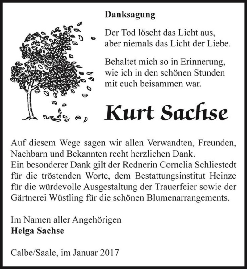  Traueranzeige für Kurt Sachse  vom 14.01.2017 aus Magdeburger Volksstimme