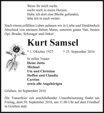 Traueranzeige von Kurt Samsel  von Magdeburger Volksstimme