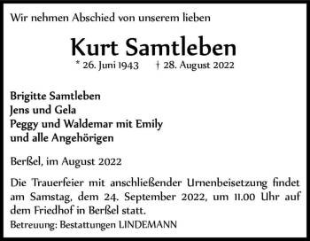 Traueranzeige von Kurt Samtleben  von Magdeburger Volksstimme