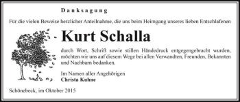 Traueranzeige von Kurt Schalla  von Magdeburger Volksstimme