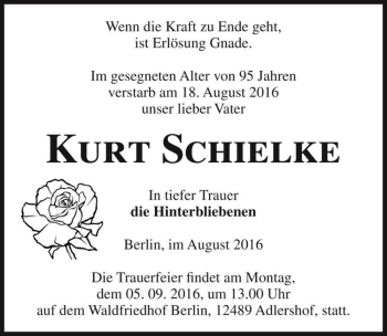 Traueranzeige von Kurt Schielke  von Magdeburger Volksstimme