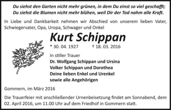 Traueranzeige von Kurt Schippan  von Magdeburger Volksstimme