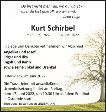 Traueranzeige von Kurt Schirbel  von Magdeburger Volksstimme