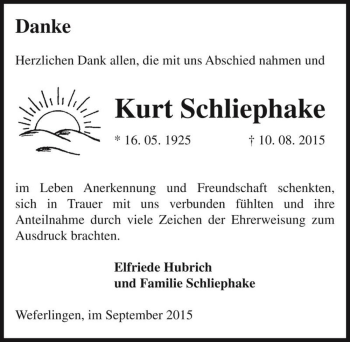 Traueranzeige von Kurt Schliephake  von Magdeburger Volksstimme