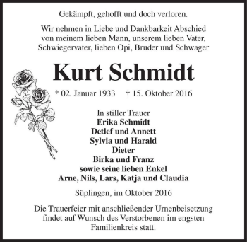 Traueranzeige von Kurt Schmidt  von Magdeburger Volksstimme