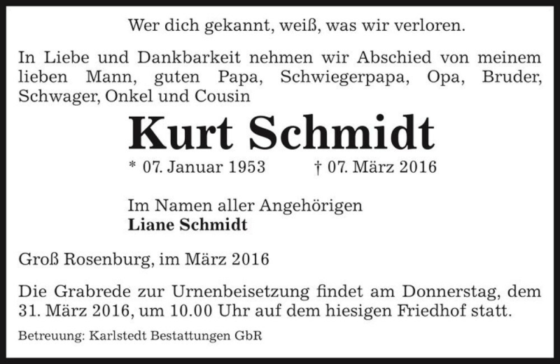  Traueranzeige für Kurt Schmidt  vom 19.03.2016 aus Magdeburger Volksstimme