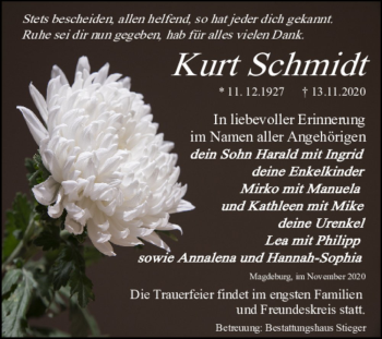 Traueranzeige von Kurt Schmidt  von Magdeburger Volksstimme