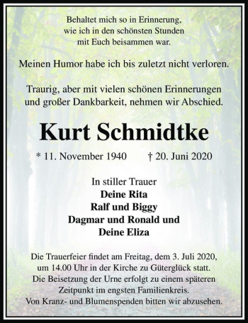 Traueranzeige von Kurt Schmidtke  von Magdeburger Volksstimme