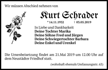 Traueranzeige von Kurt Schrader  von Magdeburger Volksstimme