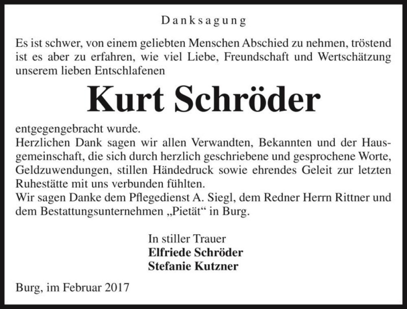  Traueranzeige für Kurt Schröder  vom 18.02.2017 aus Magdeburger Volksstimme