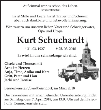 Traueranzeige von Kurt Schuchardt  von Magdeburger Volksstimme