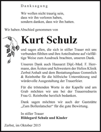 Traueranzeige von Kurt Schulz  von Magdeburger Volksstimme