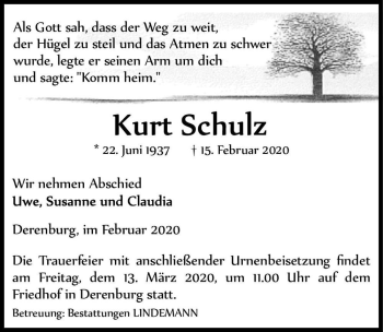 Traueranzeige von Kurt Schulz  von Magdeburger Volksstimme