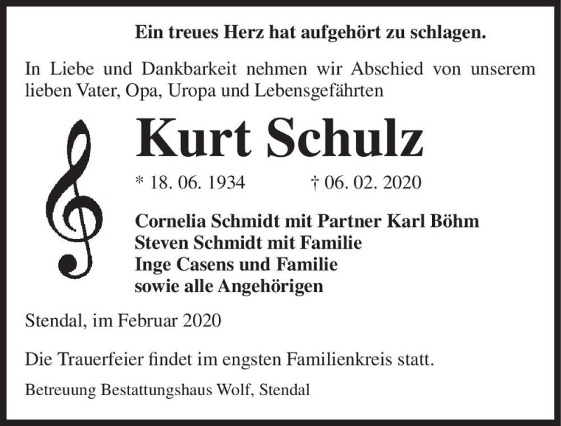  Traueranzeige für Kurt Schulz  vom 15.02.2020 aus Magdeburger Volksstimme