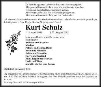 Traueranzeige von Kurt Schulz  von Magdeburger Volksstimme