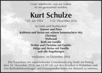 Traueranzeige von Kurt Schulze  von Magdeburger Volksstimme