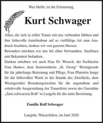 Traueranzeige von Kurt Schwager  von Magdeburger Volksstimme