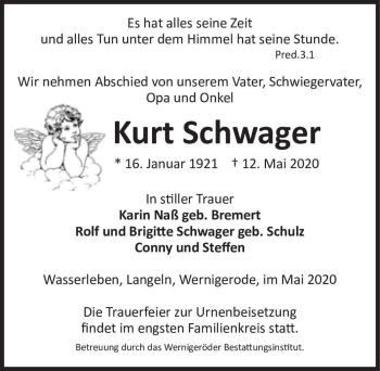 Traueranzeige von Kurt Schwager  von Magdeburger Volksstimme
