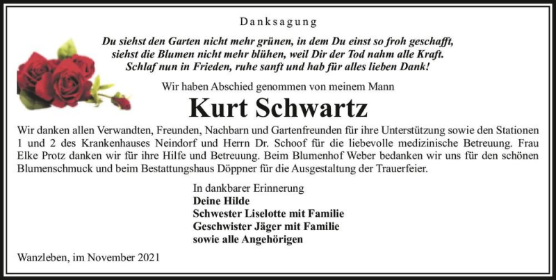  Traueranzeige für Kurt Schwartz  vom 06.11.2021 aus Magdeburger Volksstimme