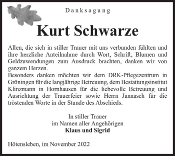 Traueranzeige von Kurt Schwarze  von Magdeburger Volksstimme