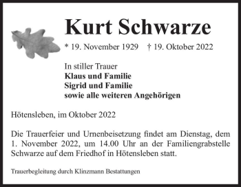 Traueranzeige von Kurt Schwarze  von Magdeburger Volksstimme