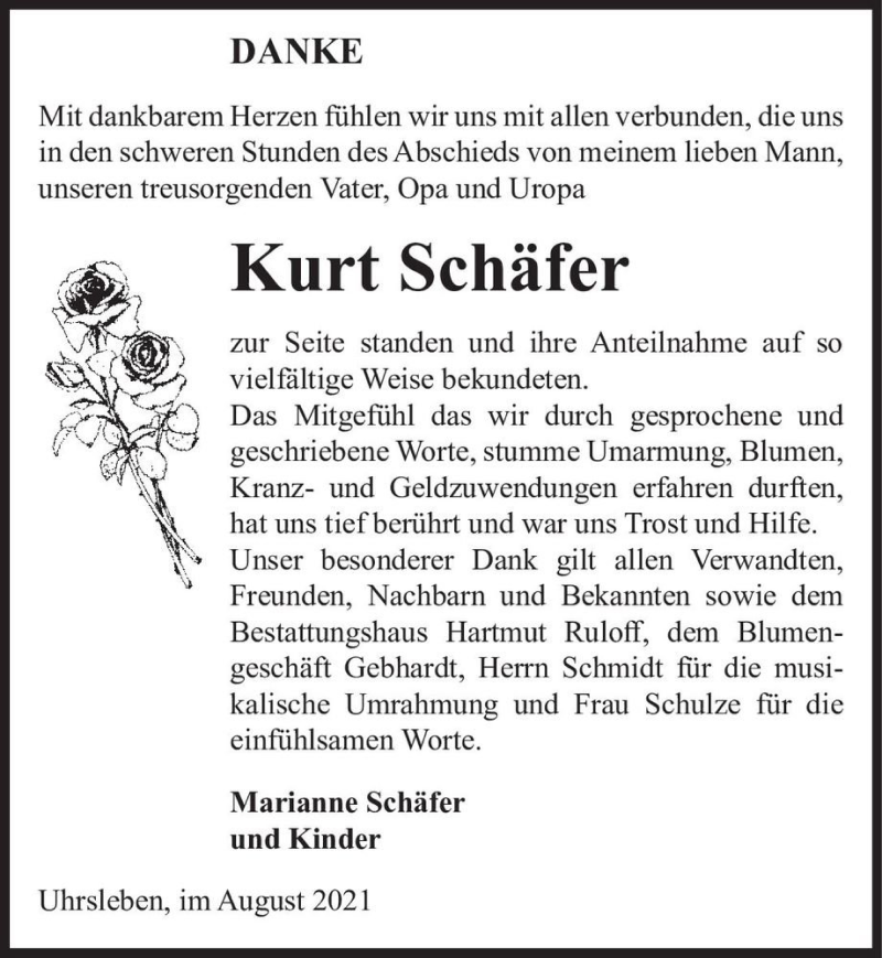  Traueranzeige für Kurt Schäfer  vom 04.09.2021 aus Magdeburger Volksstimme
