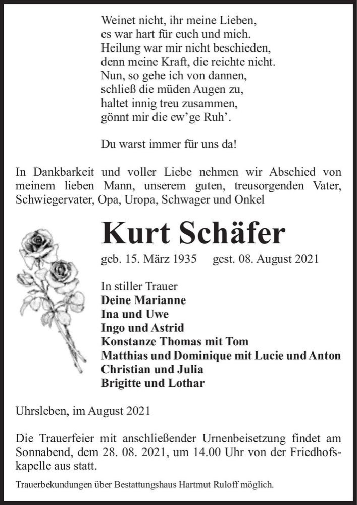  Traueranzeige für Kurt Schäfer  vom 14.08.2021 aus Magdeburger Volksstimme