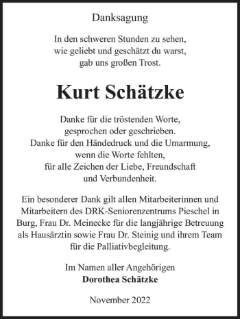 Traueranzeige von Kurt Schätzke  von Magdeburger Volksstimme