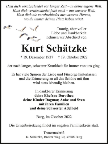 Traueranzeige von Kurt Schätzke  von Magdeburger Volksstimme
