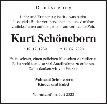 Traueranzeige von Kurt Schöneborn  von Magdeburger Volksstimme